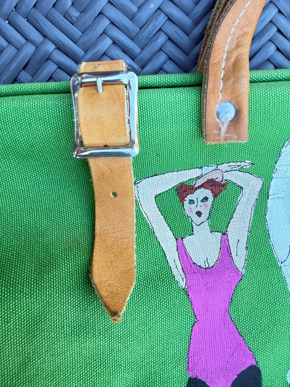 Vintage Handmade Green Canvas Hand Painted and Signed Tote Bag Satchel Purse
